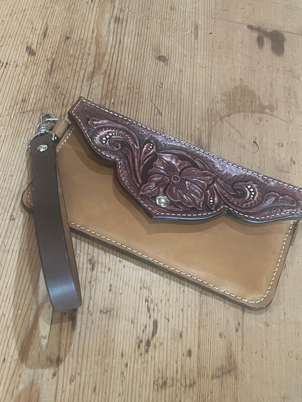 Hand-Tooled Leather Clutch with Wristlet