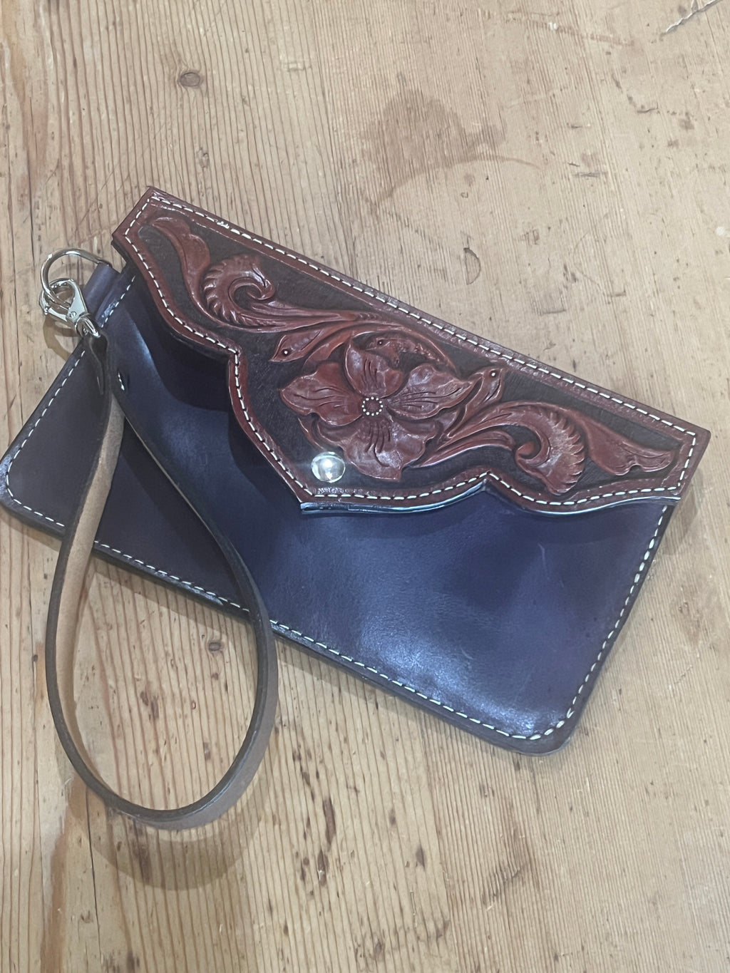 Hand-Tooled Leather Clutch with Wristlet