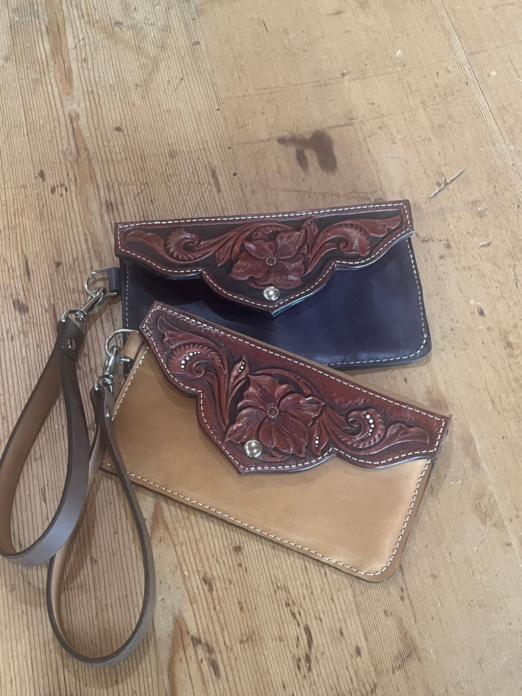 Hand-Tooled Leather Clutch with Wristlet