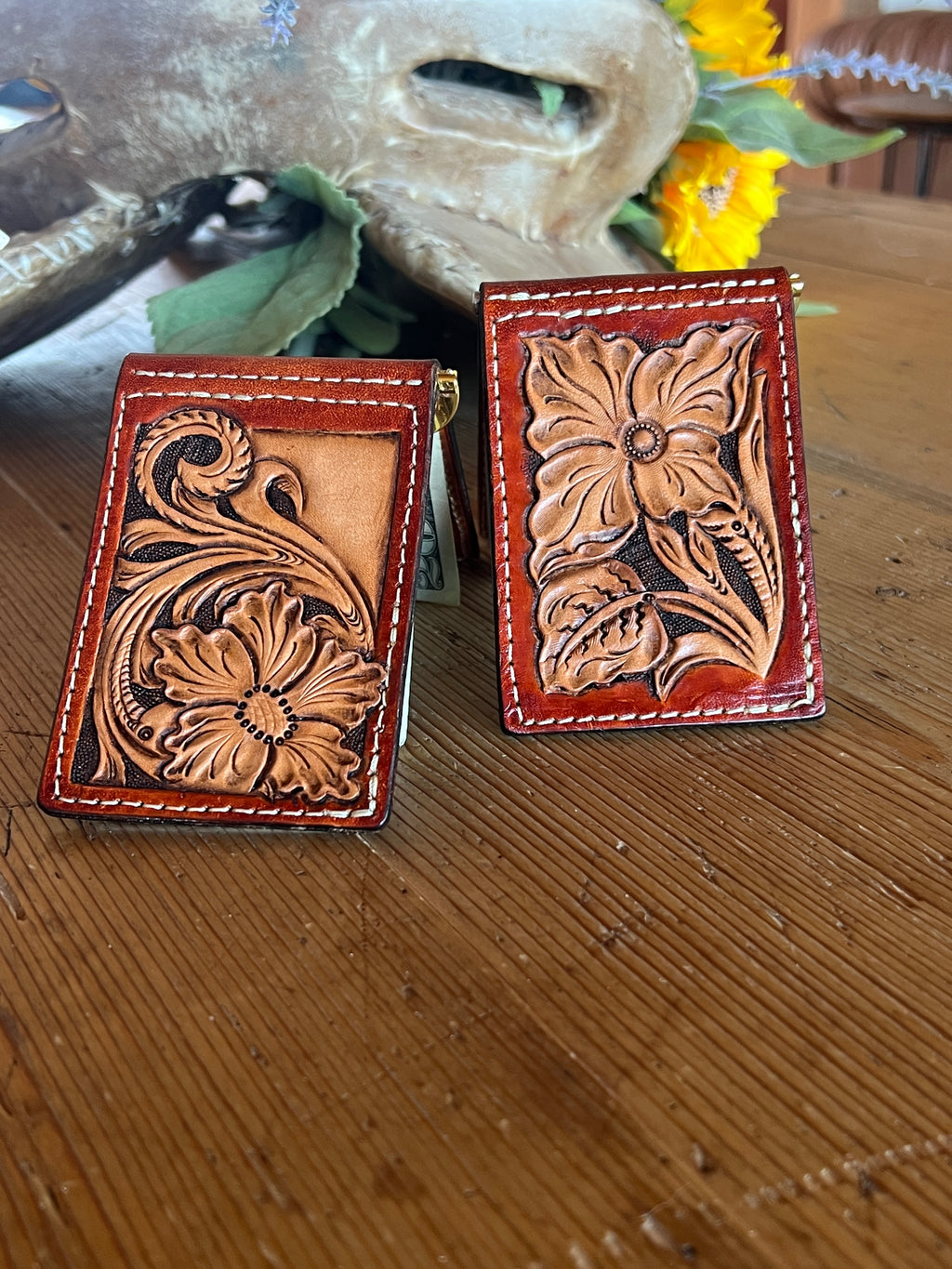 Hand-Tooled Floral Money Clip Wallet