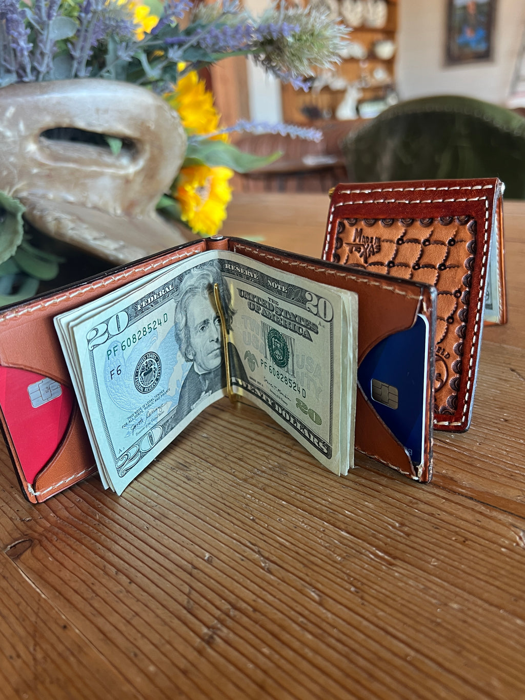 Hand-Tooled Floral Money Clip Wallet