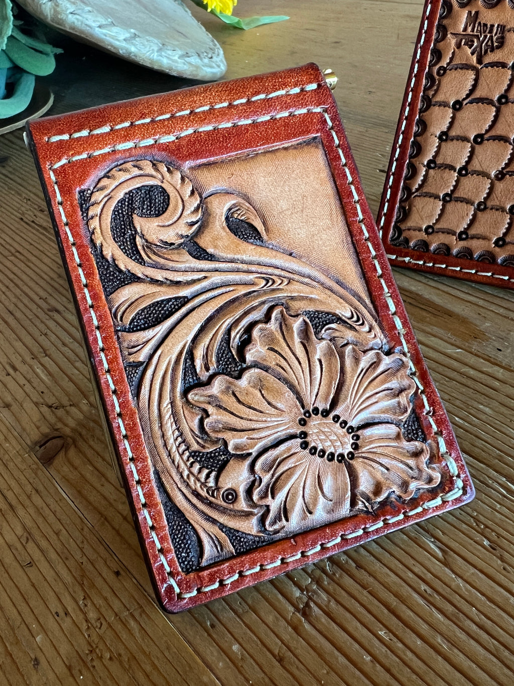 Hand-Tooled Floral Money Clip Wallet
