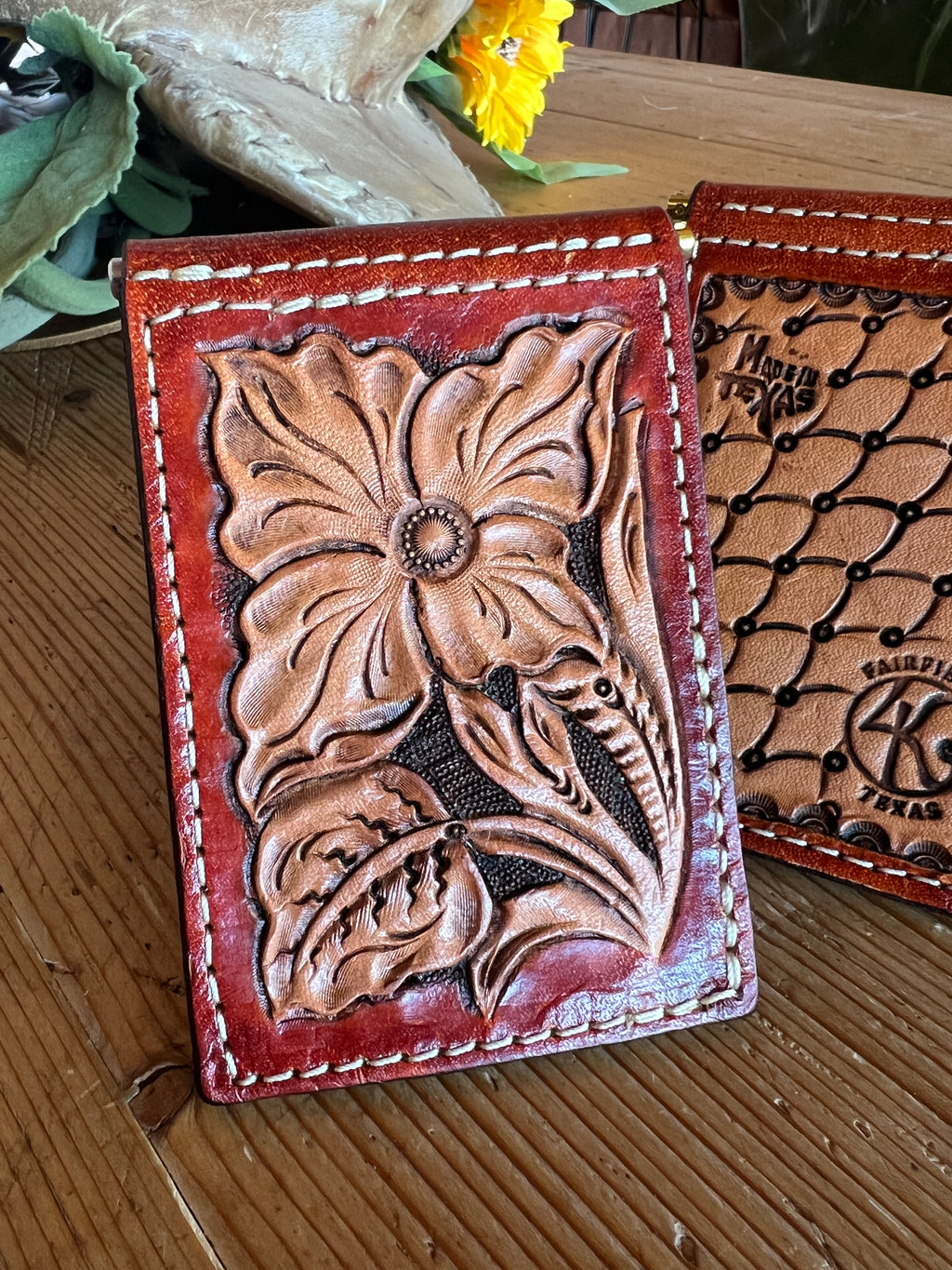 Hand-Tooled Floral Money Clip Wallet