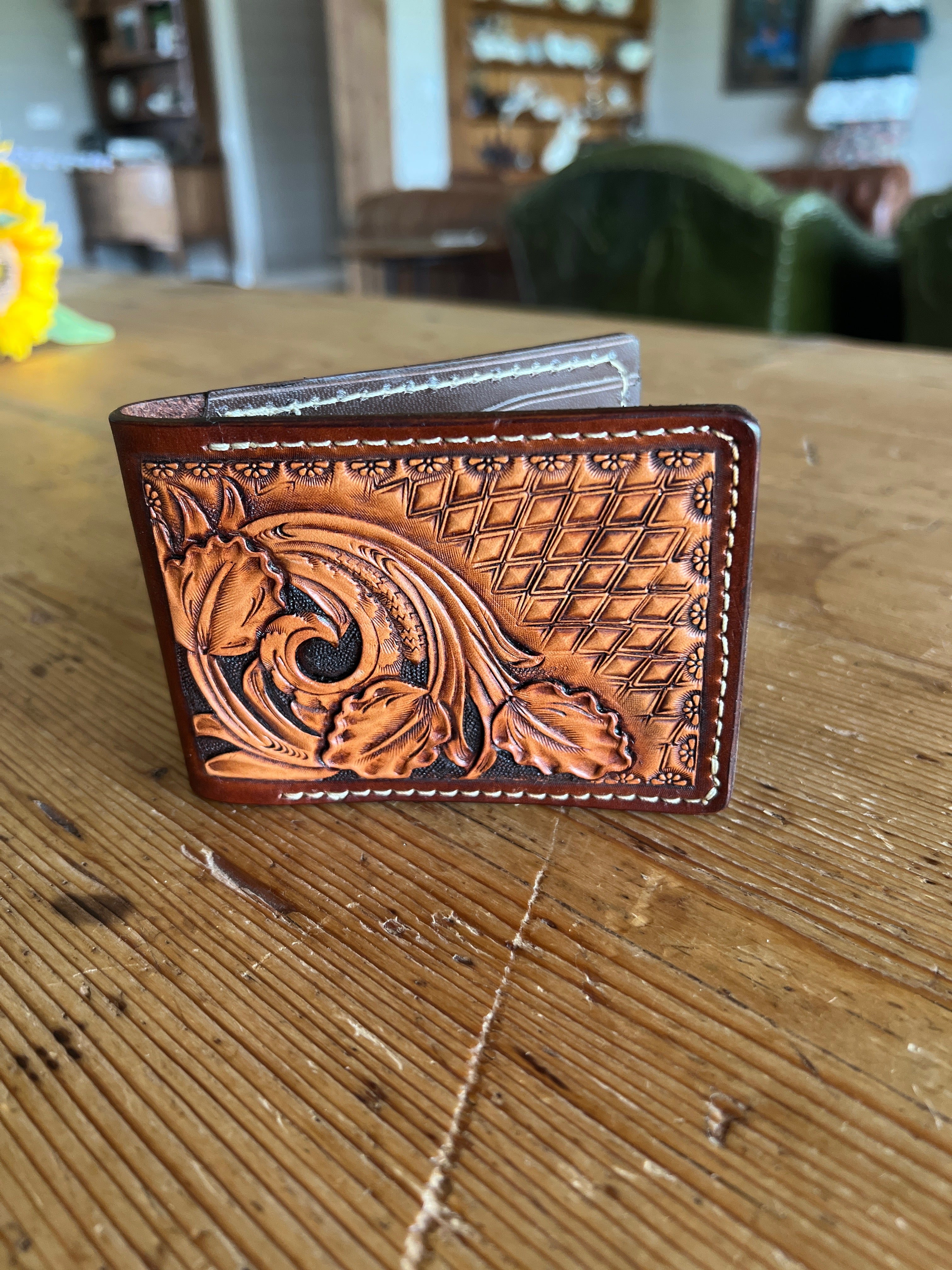 Hand-Tooled Leather Billfold Wallet – Floral & Geometric with Kangaroo Interior
