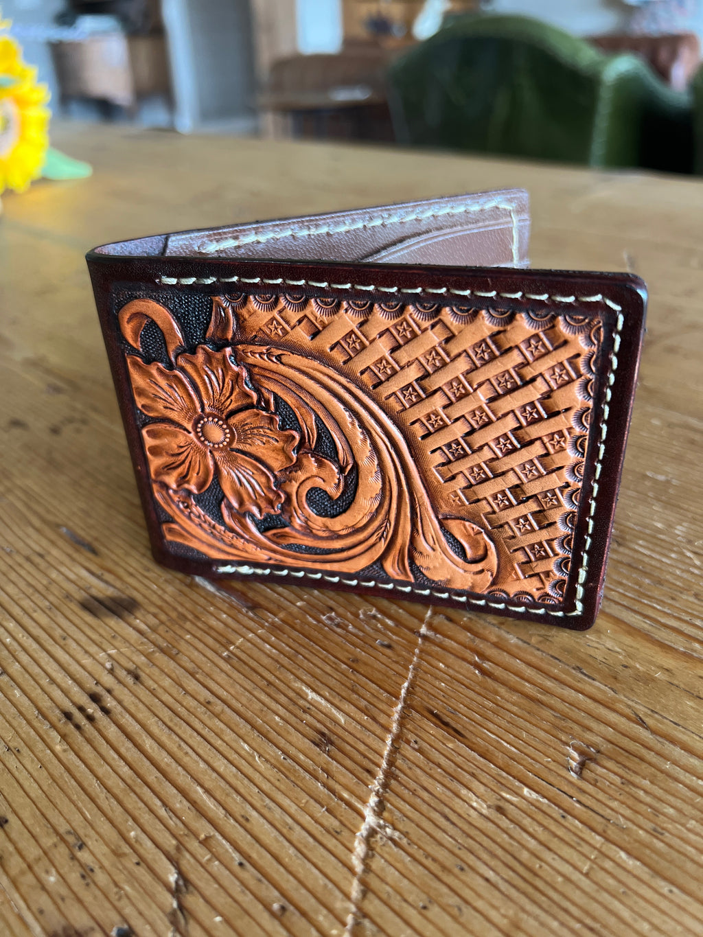 Hand-Tooled Leather Billfold Wallet – Floral & Geometric with Kangaroo Interior