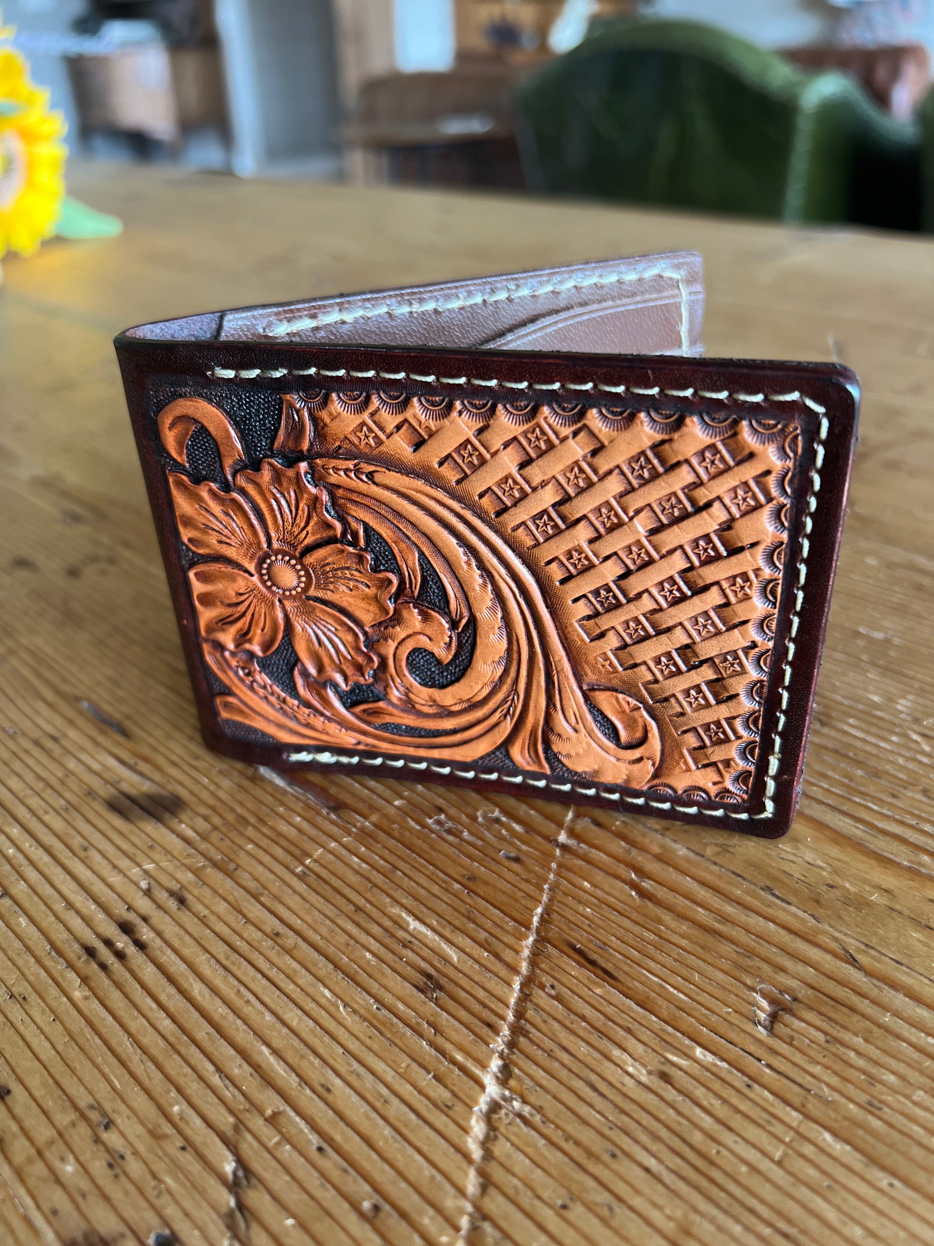 Hand-Tooled Leather Billfold Wallet – Floral & Geometric with Kangaroo Interior