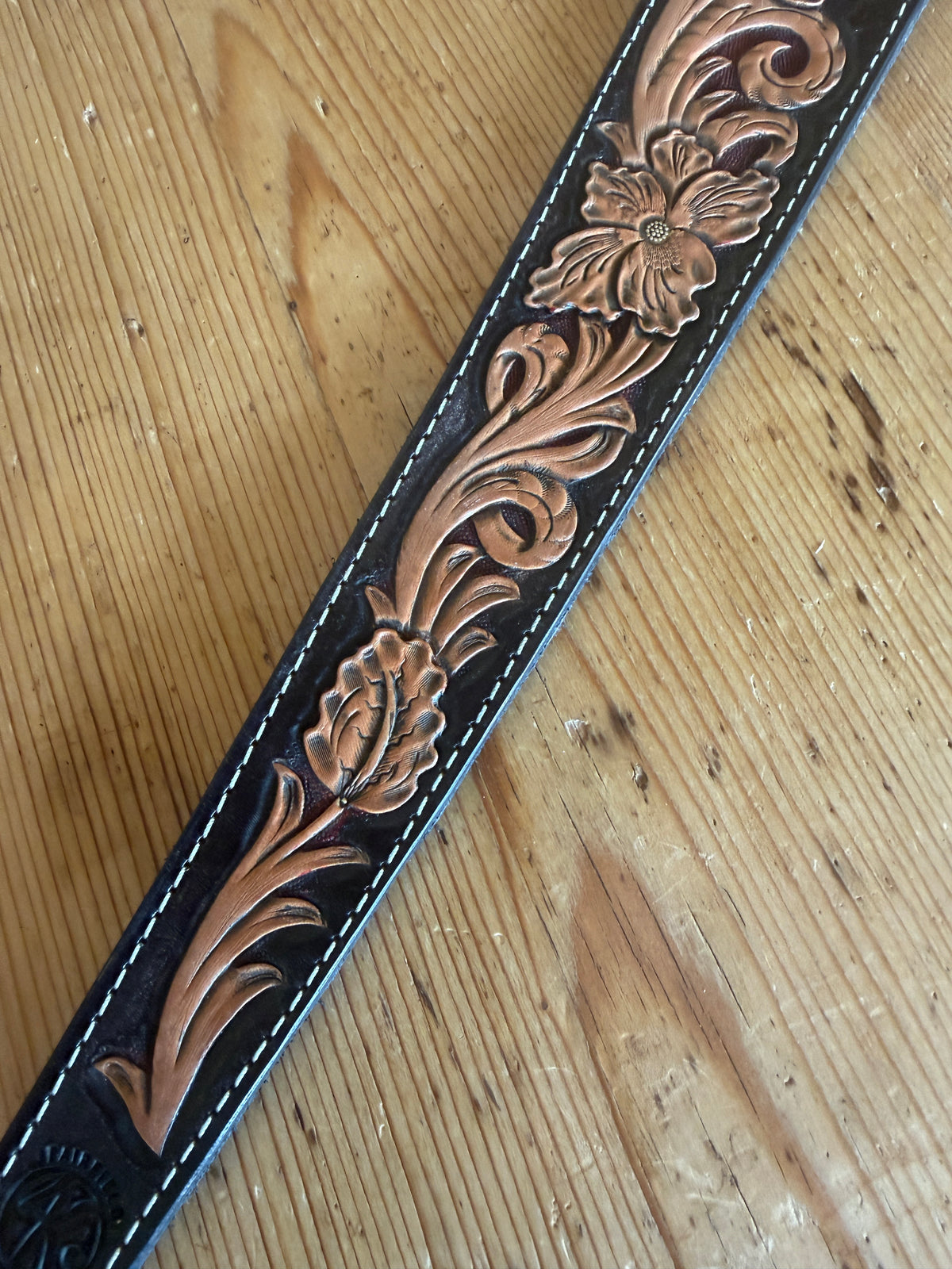 America 250 Rifle Sling - hand-tooled floral leather detail