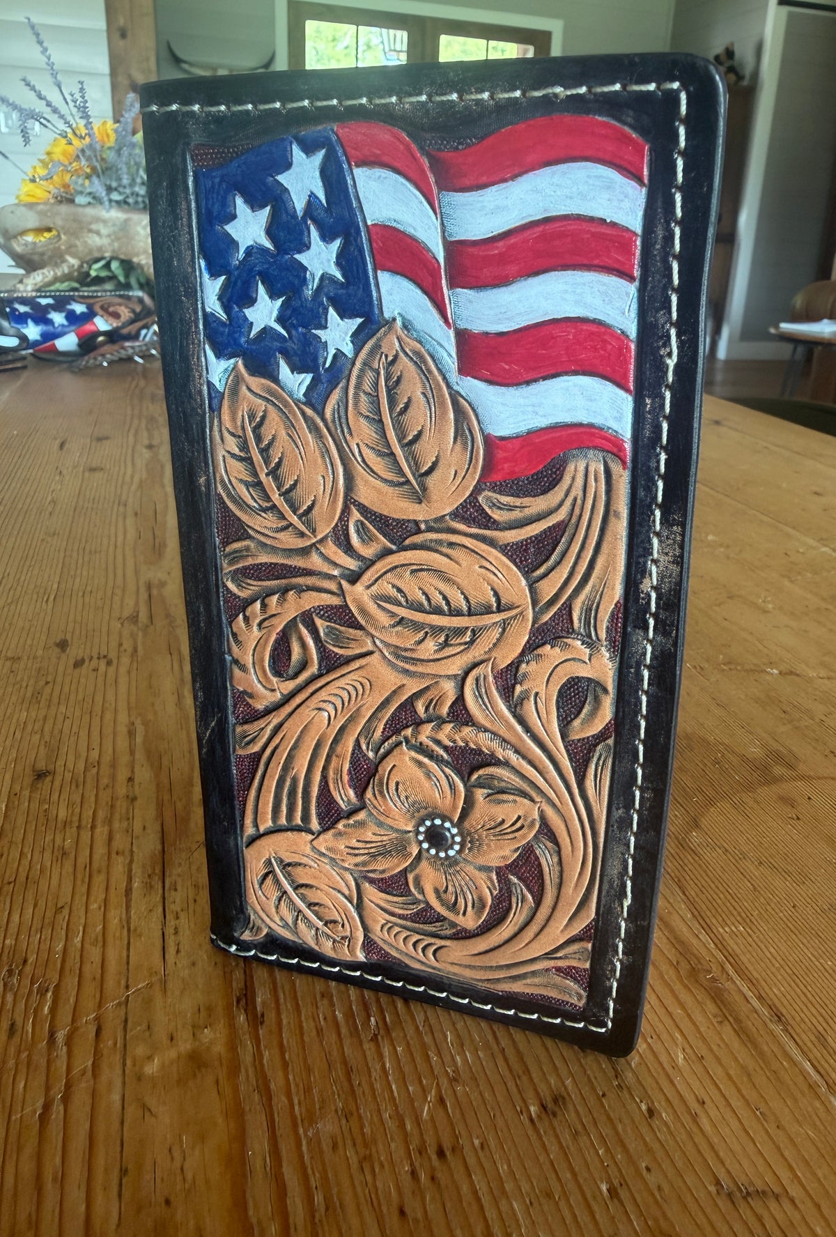 America 250 Roper Wallet - front with hand-painted American flag and floral tooling