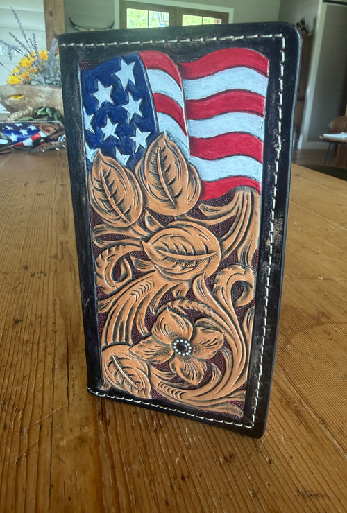 America 250 Roper Wallet - front with hand-painted American flag and floral tooling