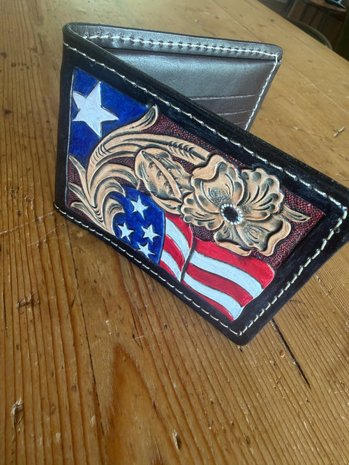 America 250 Billfold Wallet - front with hand-painted American flag and floral scroll tooling
