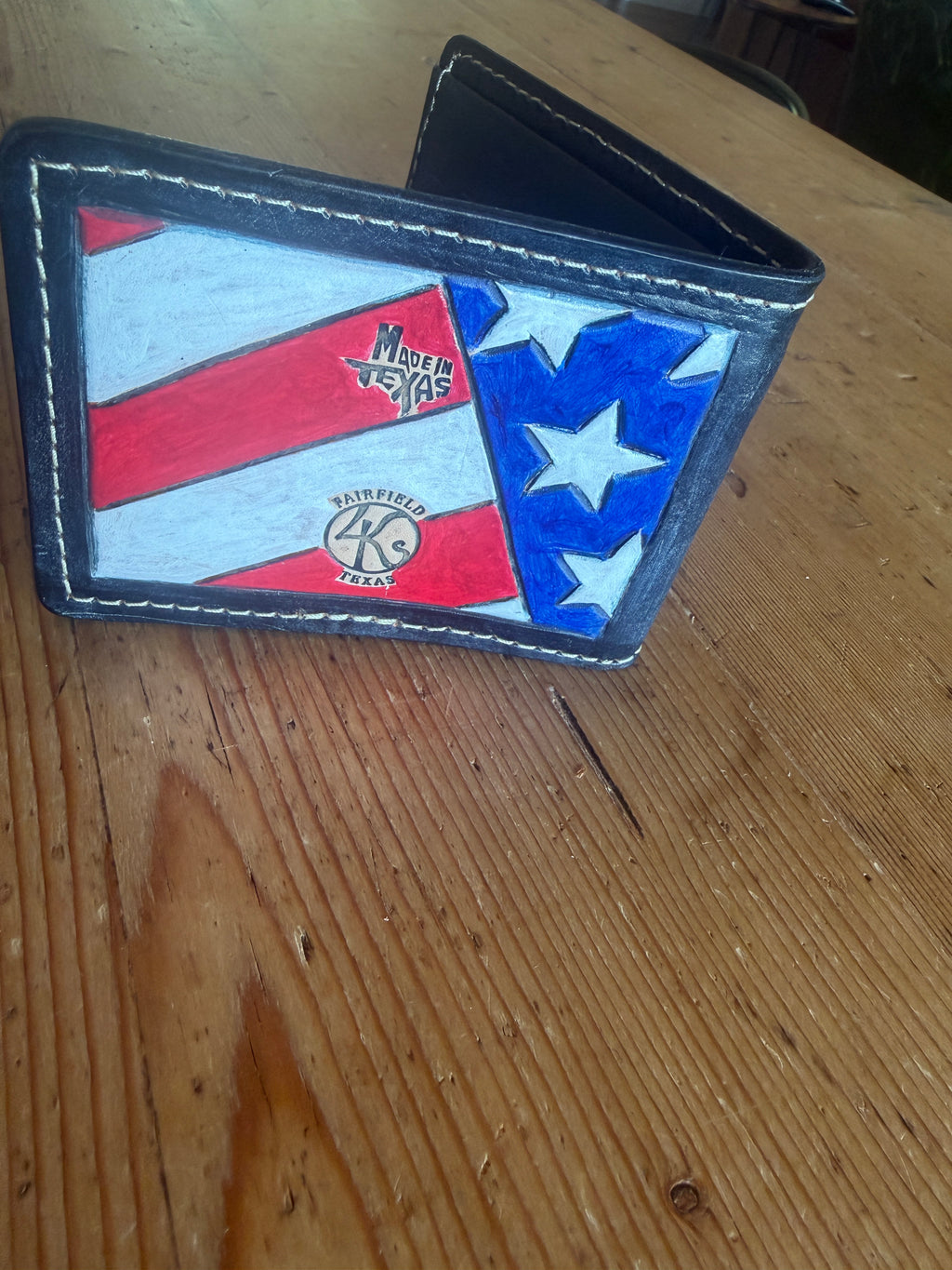 America 250 Billfold Wallet - back with hand-painted American flag and 4Ks Leather Made in Texas stamp