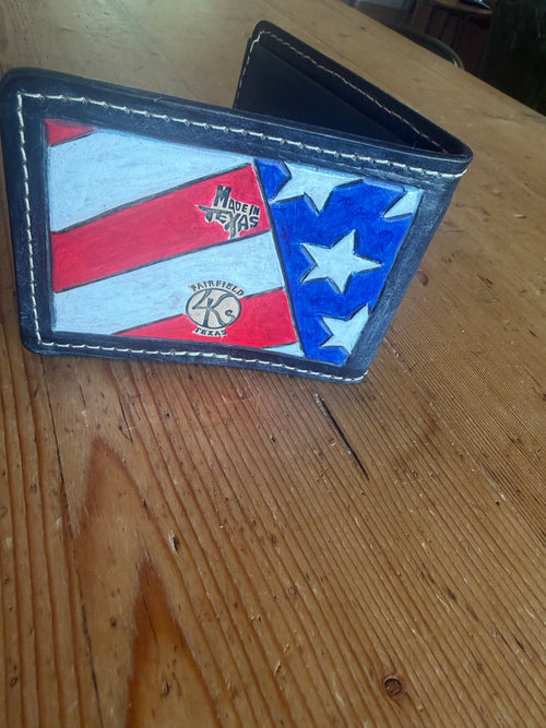 America 250 Billfold Wallet - back with hand-painted American flag and 4Ks Leather Made in Texas stamp