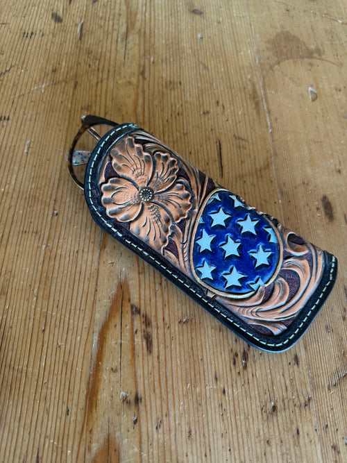 America 250 Eyeglass Case - hand-tooled floral leather with hand-painted blue stars medallion