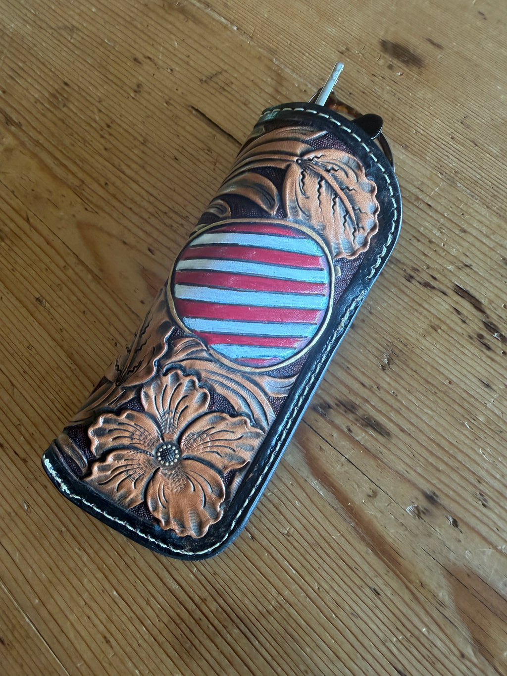 America 250 Eyeglass Case - reverse side with hand-painted red and white stripes medallion and floral tooling