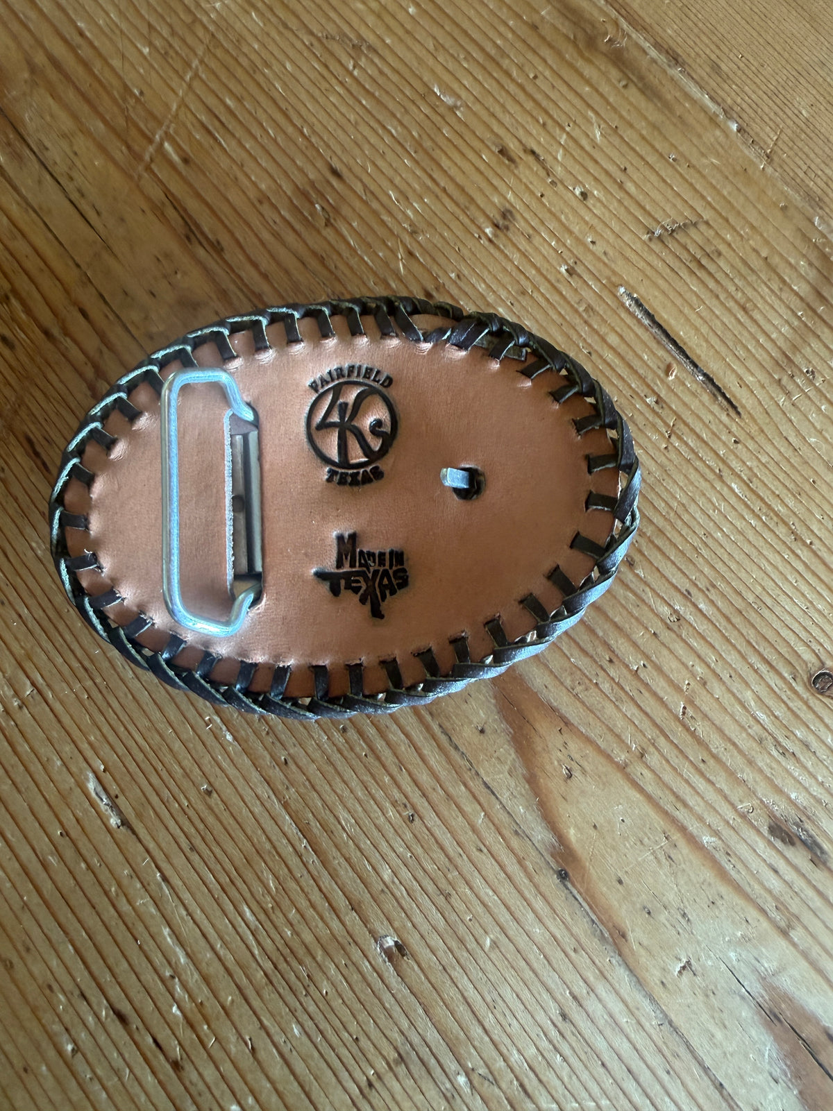 America 250 Trophy Buckle - back with belt bar hardware and 4Ks Leather Made in Texas stamp