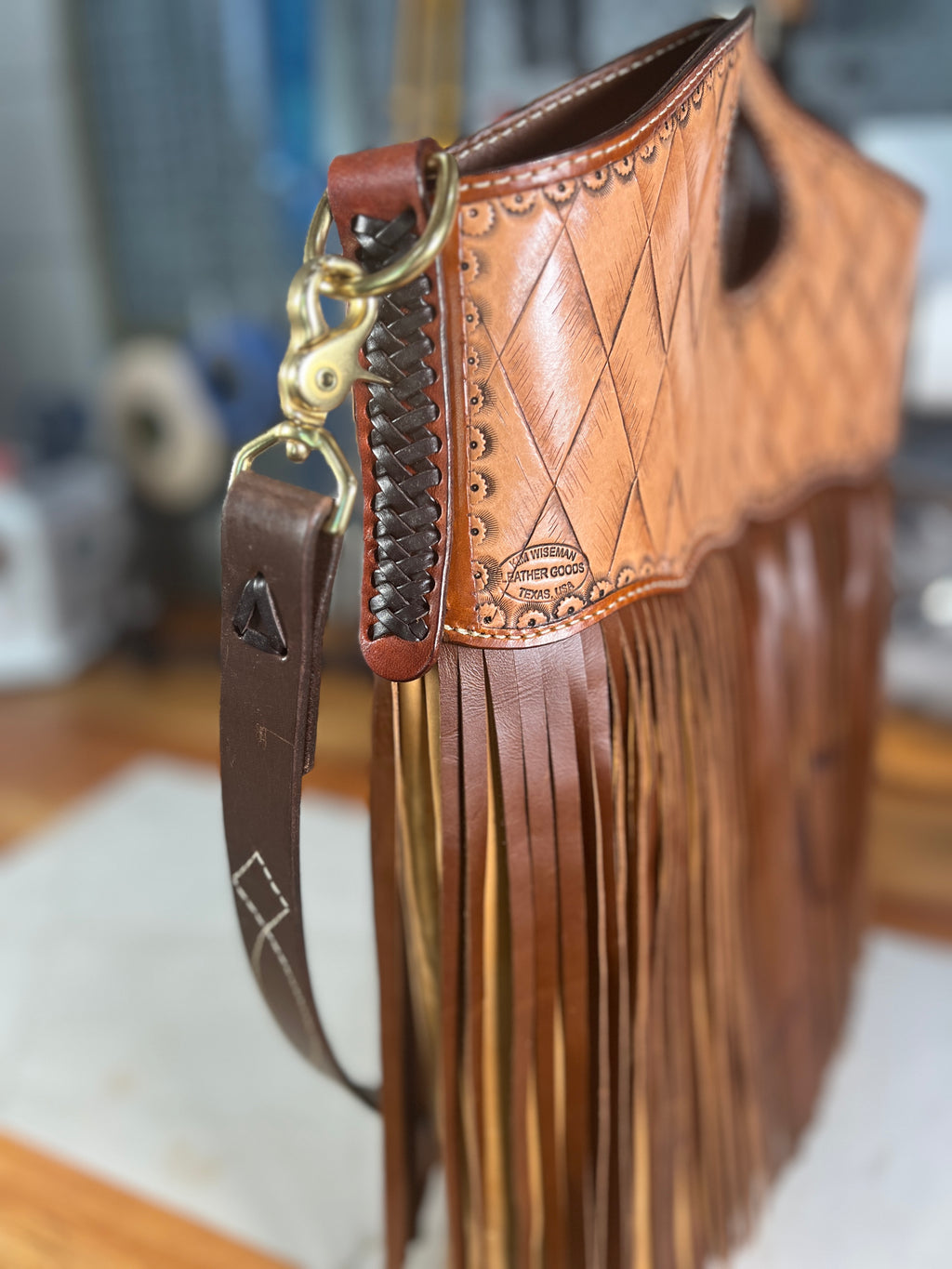 Hand-Tooled Leather Fringe Bag with Gunslinger Strap