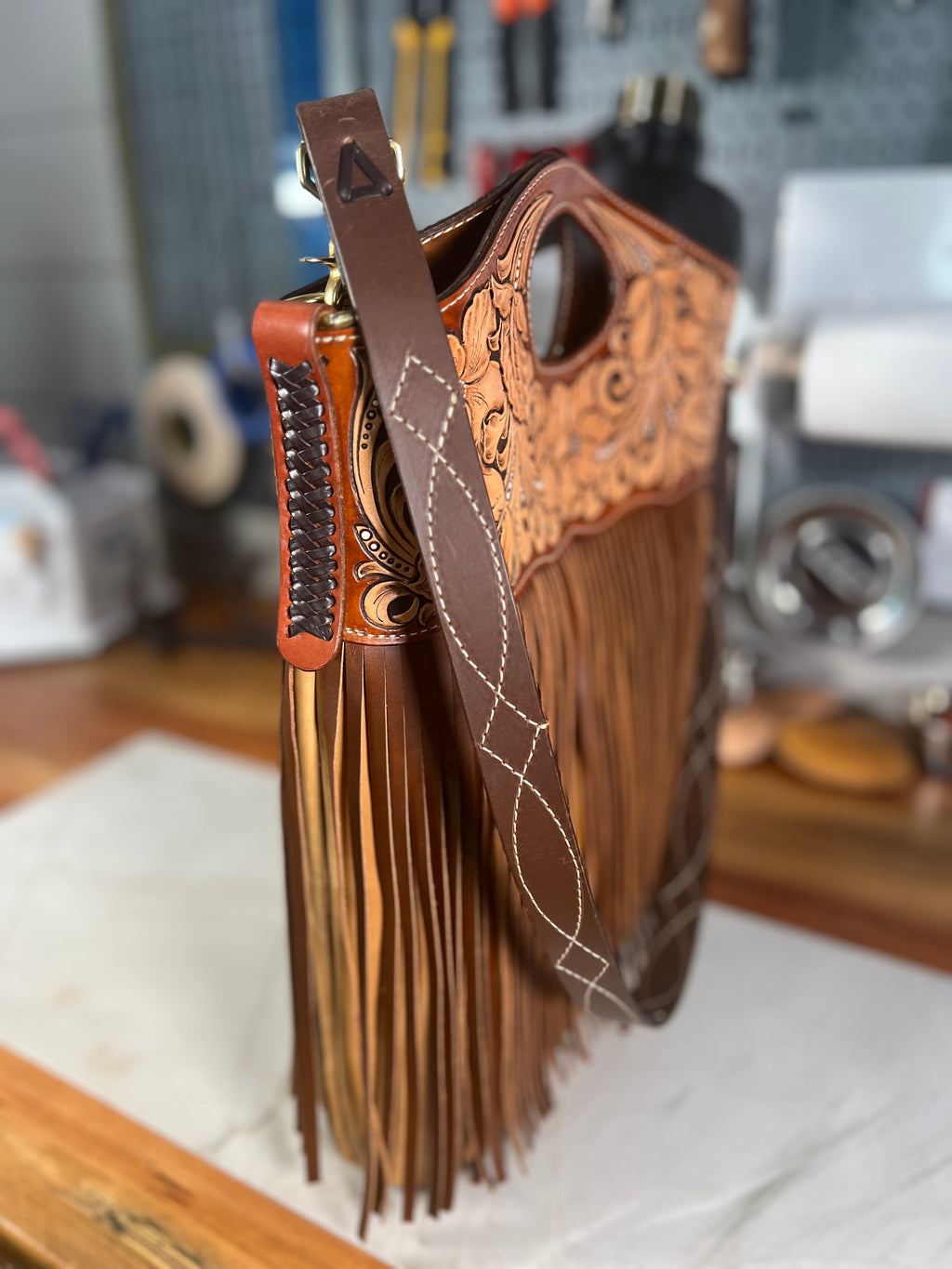 Hand-Tooled Leather Fringe Bag with Gunslinger Strap