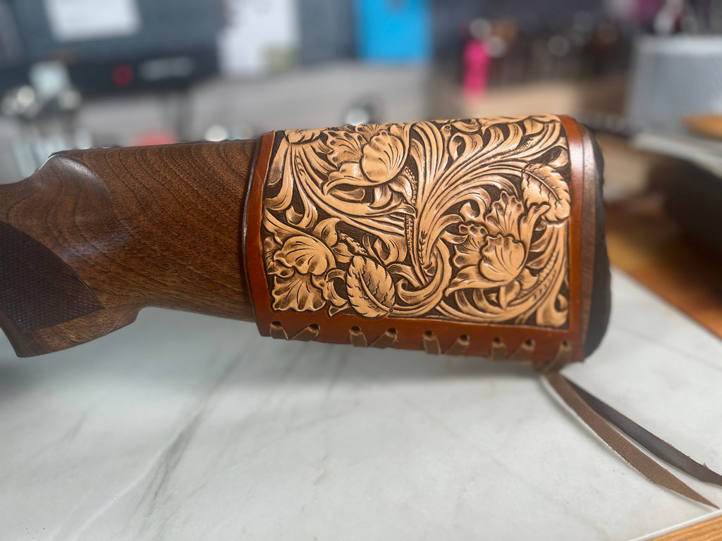 Hand-Tooled Leather Butt Stock Sleeve with Bullet Loops