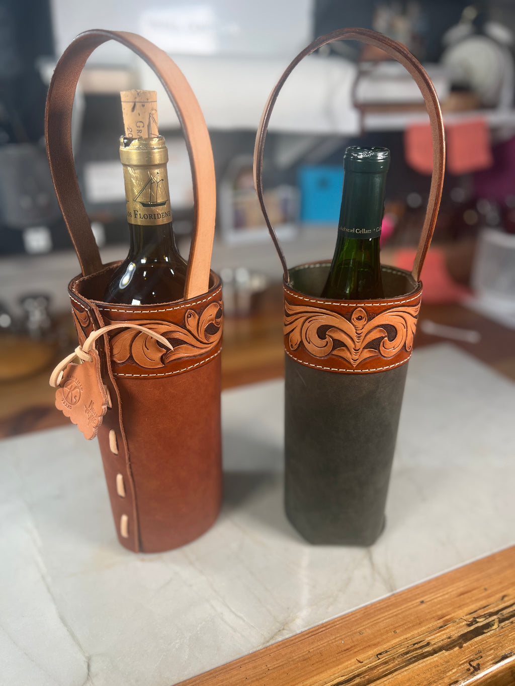 Hand-Tooled Leather Wine Bottle Caddy