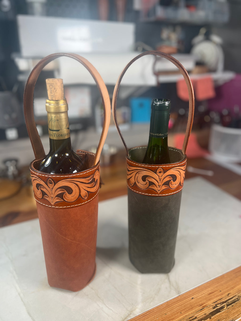 Hand-Tooled Leather Wine Bottle Caddy