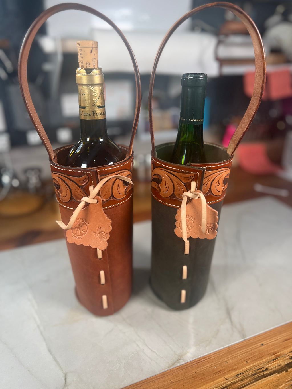 Hand-Tooled Leather Wine Bottle Caddy
