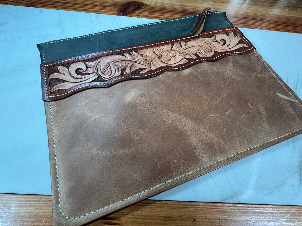 Hand-Tooled Leather Tablet Sleeve - 11" x 9"