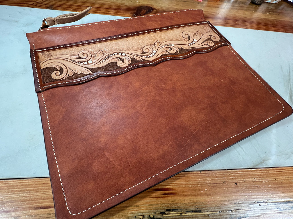 Hand-Tooled Leather Tablet Sleeve - 11" x 9"