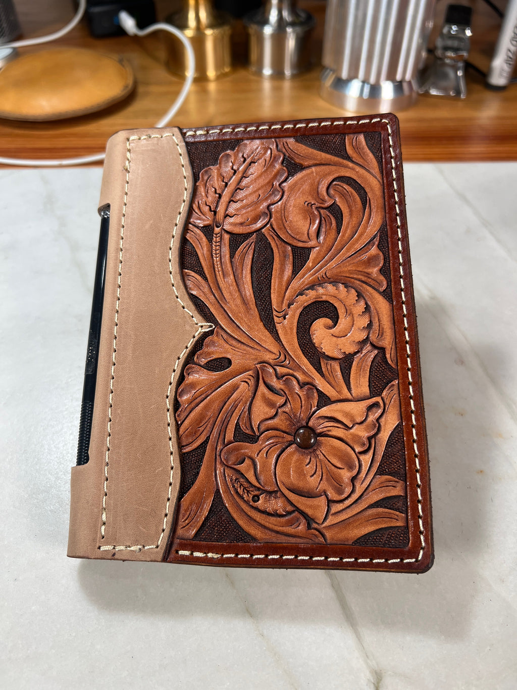Hand-Tooled Floral Leather Notebook Cover - 3" x 5"