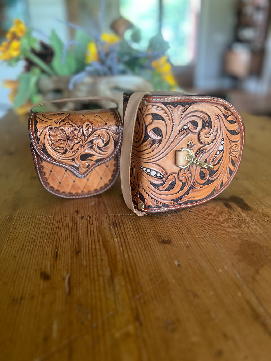 Hand-Tooled Floral Fly Reel Case with Painted Dots - 4.5" & 5"