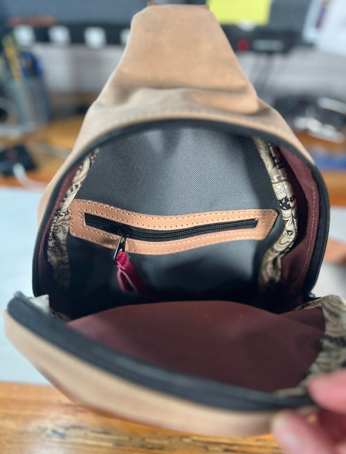 Cowhide Sling Backpack with Hand-Tooled Boot Top Accent