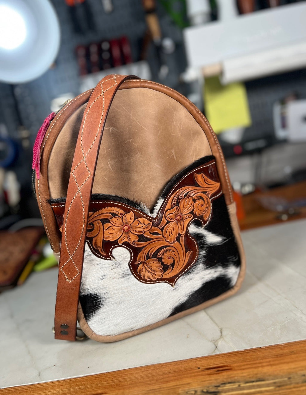 Cowhide Sling Backpack with Hand-Tooled Boot Top Accent