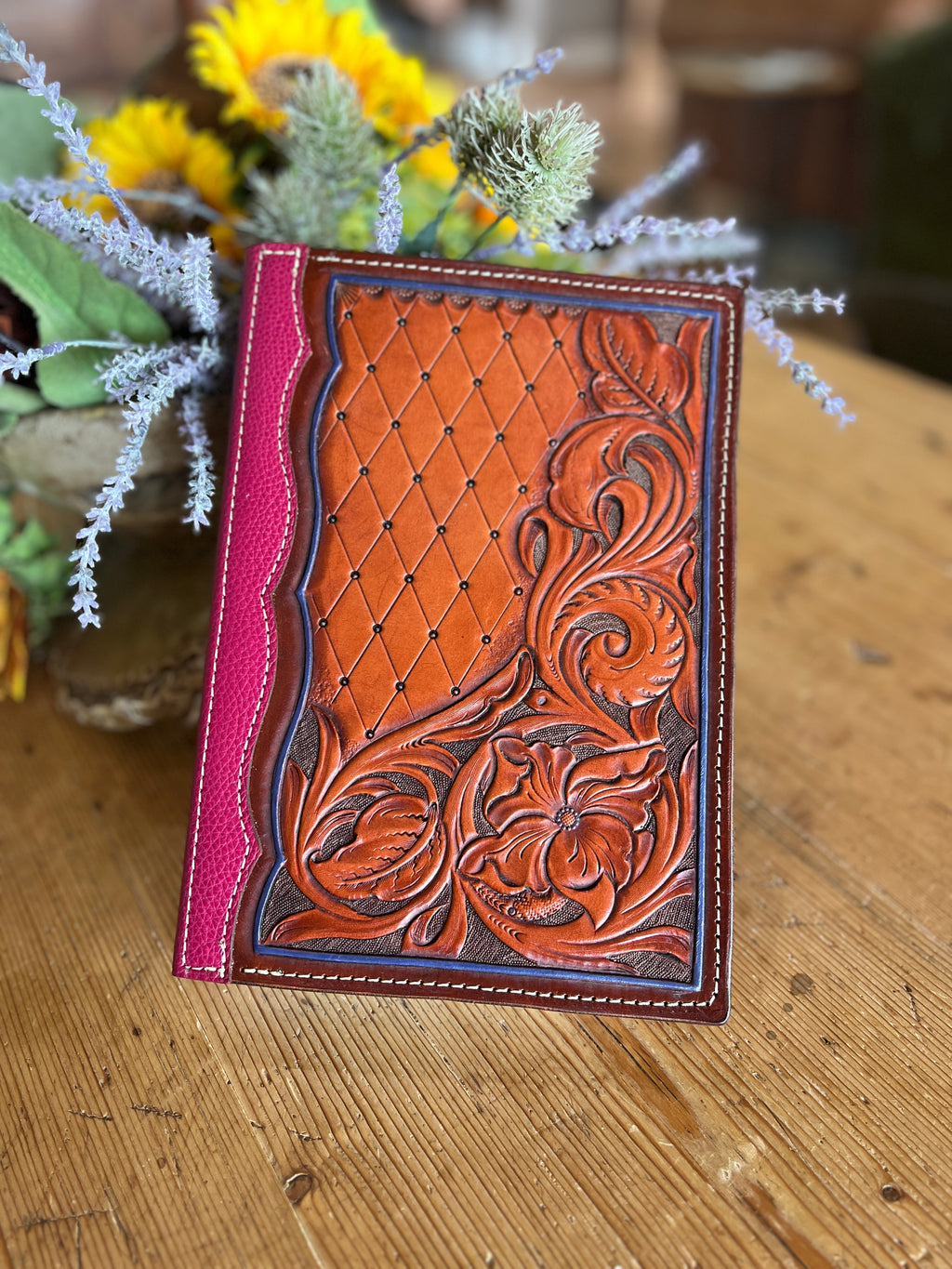 Hand-Tooled Floral Bible Cover with Beaded Border - 6.75" x 9"