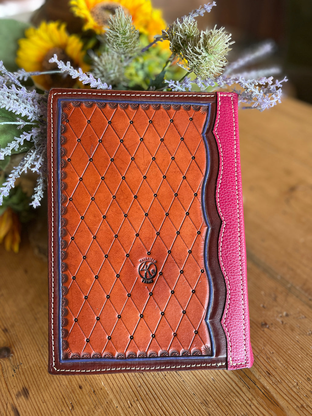 Hand-Tooled Floral Bible Cover with Beaded Border - 6.75" x 9"