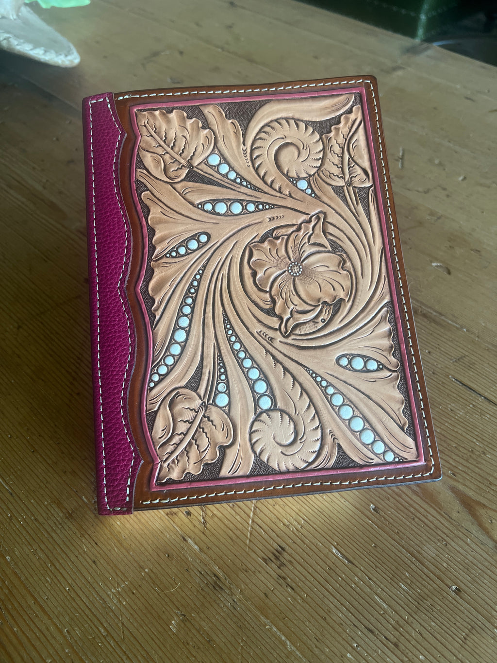 Hand-Tooled Floral Bible Cover with Beaded Border - 6.75" x 9"
