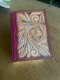 Hand-Tooled Floral Bible Cover with Beaded Border - 6.75" x 9"