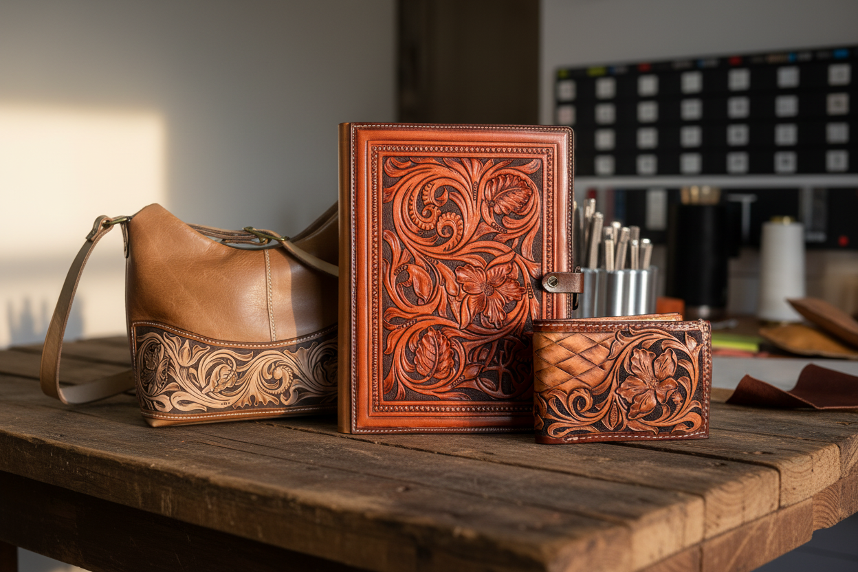 Rustic leather banner with prominent folio
